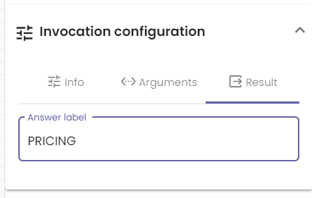 The "Result" tab for a "Get answer label of select box" function. The select box contains price ranges, so the name "PRICING" is sufficiently descriptive.