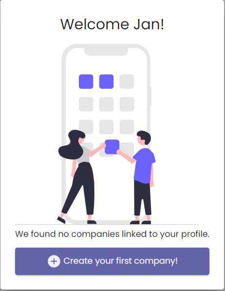 "Create your first company" popup screen.