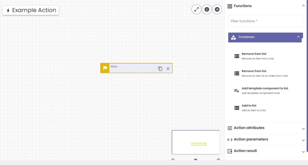 Shows the start block in the action creation grid, but now the menu on the right has been opened.
