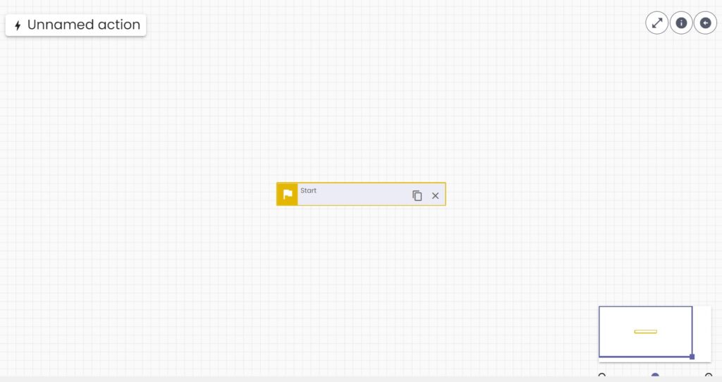 An Action grid with only a start block visible.