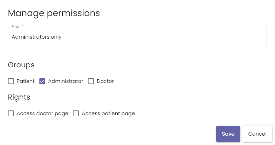 The Manage permissions window for authorization rules.