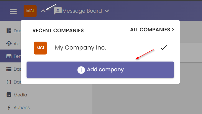 Add an additional company. A white and red arrow show the developer which buttons to click.