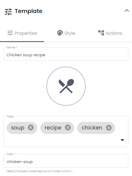 Shows the template properties tab for a chicken soup recipe template.