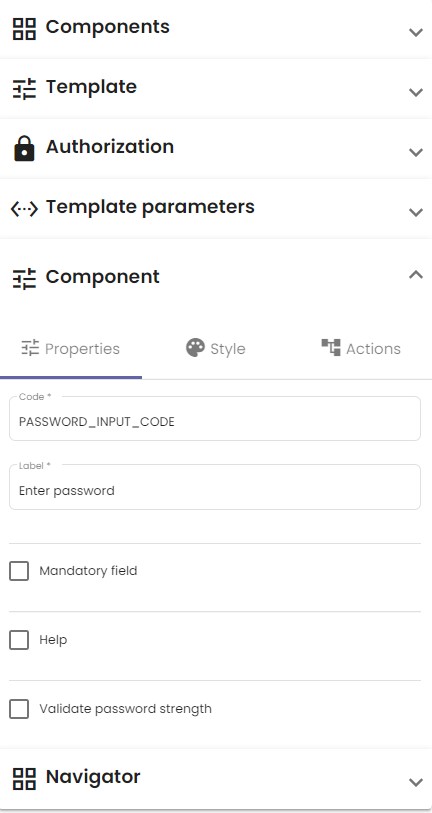 Shows the properties tab in the Component menu for a "Password" component.