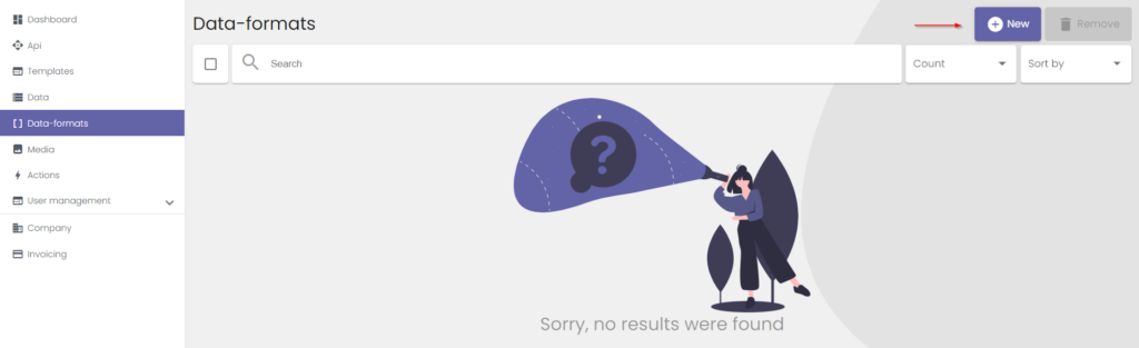Empty data-formats list with "New" button indicated by a red arrow.