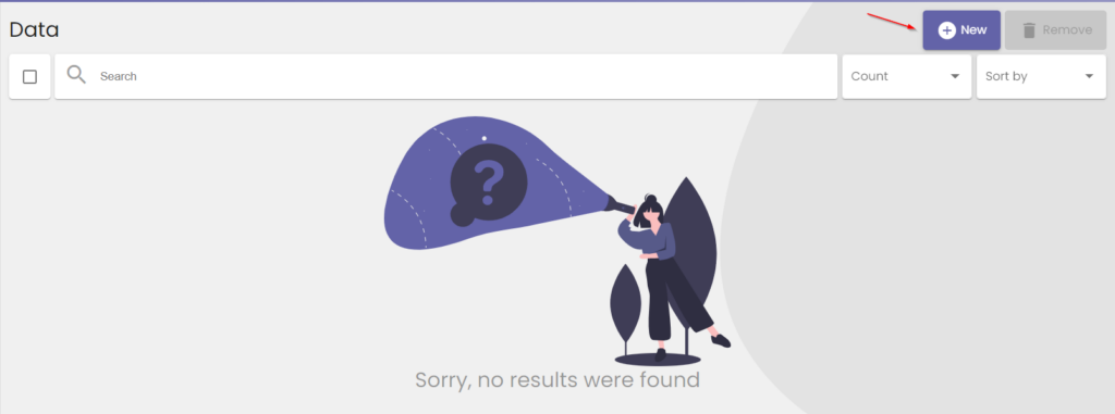 Shows the list of data. The "New" button is indicated by a red arrow. Currently, there are no data items visible.