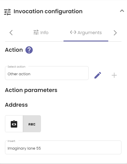 The arguments tab for an Execute action function call. The selected action "Other action" has a parameter "Address".
