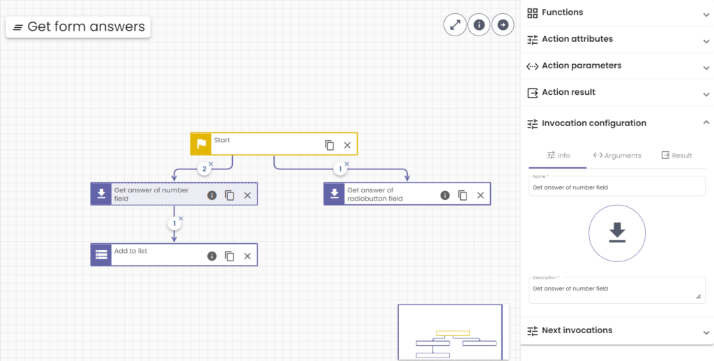 Shows the info tab of the invocation configuration for an example action.