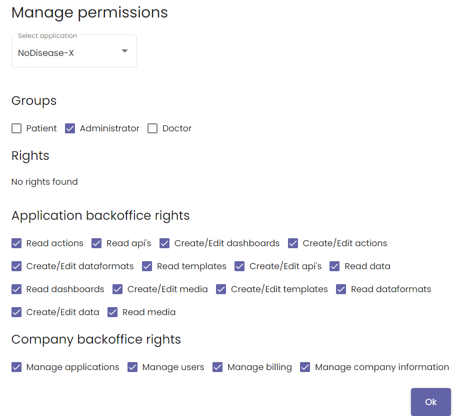 Manage permissions window for users.