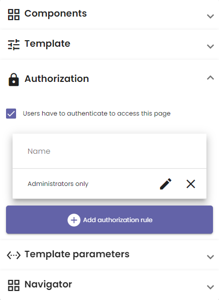 Authentication configuration for a page that only administrators can access.
