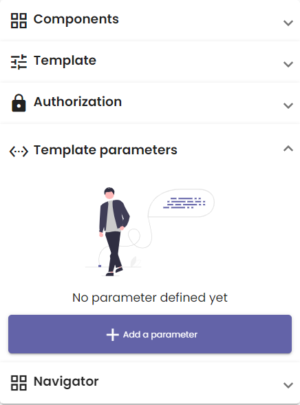The Template parameters menu, with no parameters defined yet.
