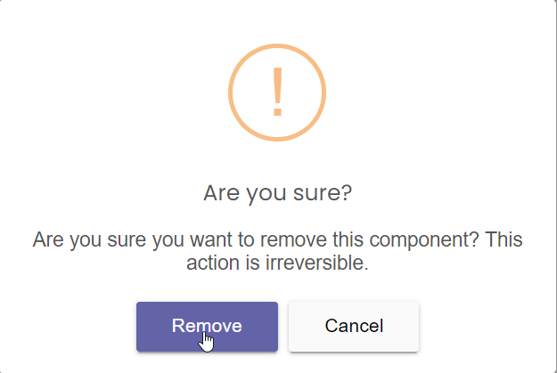 Shows the confirmation screen for component deletion. The remove button is highlighted with a cursor.