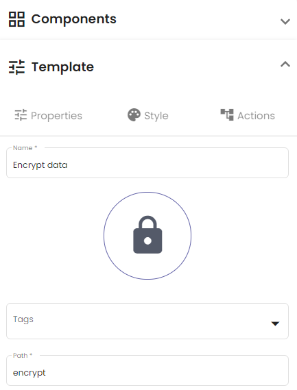 Shows the template menu and its three tabs: Properties, Style and Actions.